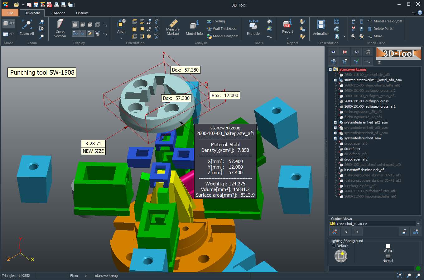 Extensive functions and tools in the 3D-Tool CAD Viewer 