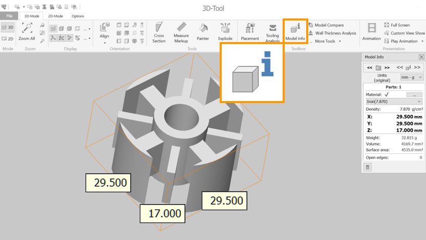 Volume, surface, dimensions and weight of 3D CAD parts