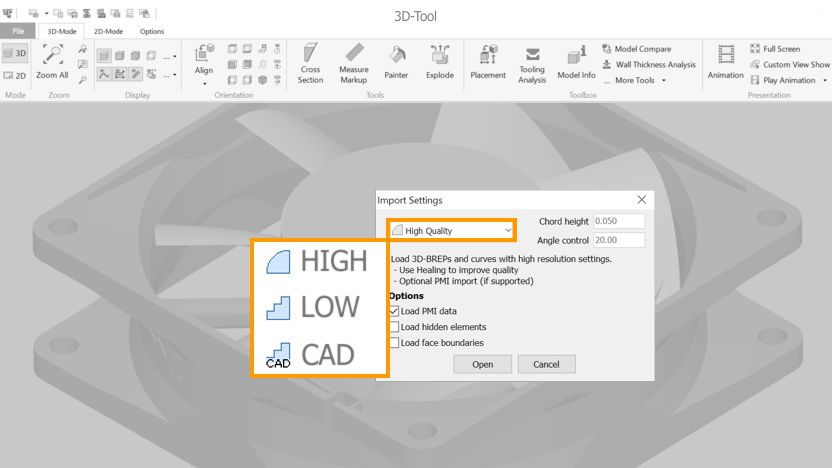 The import settings of the 3D-Tool CAD viewer and converter